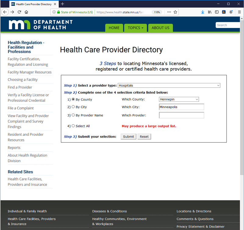 Screenshot of the Health Care Provider Directory. Caption provided below.