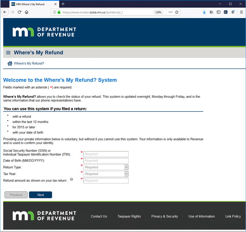 Screenshot of the Where's My Refund app. Caption provided below.